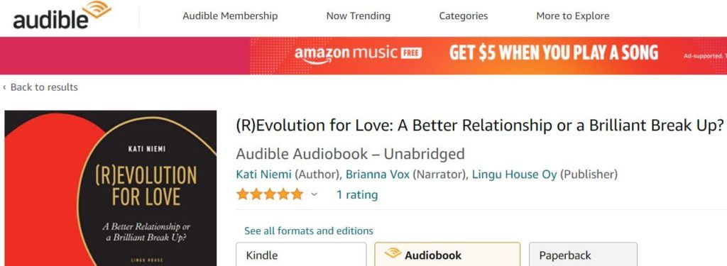 Amazon Audible audiobook, ebook and paperback book of (R)evolution for Love (Author Kati Niemi, audiobook narrator Brianna Vox)