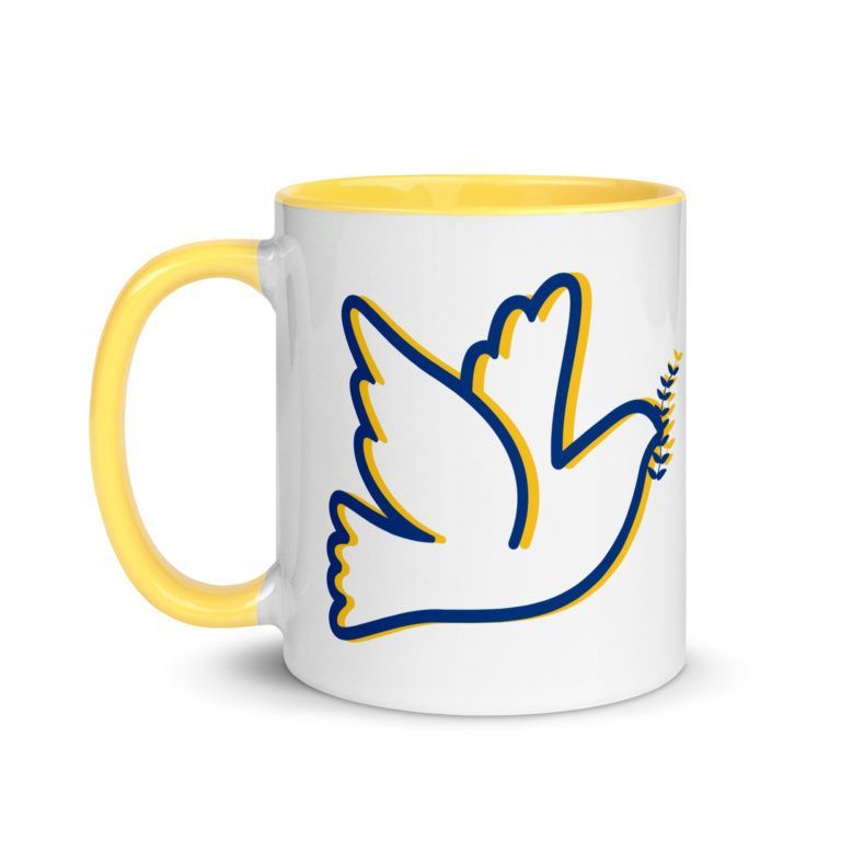 Support Peace in Ukraine: Yellow-Blue Coffee/Tea Mug - Pigeon of Peace Dove