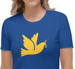 Support Ukraine: Women's Blue-Yellow T-Shirt Pigeon of Peace Dove