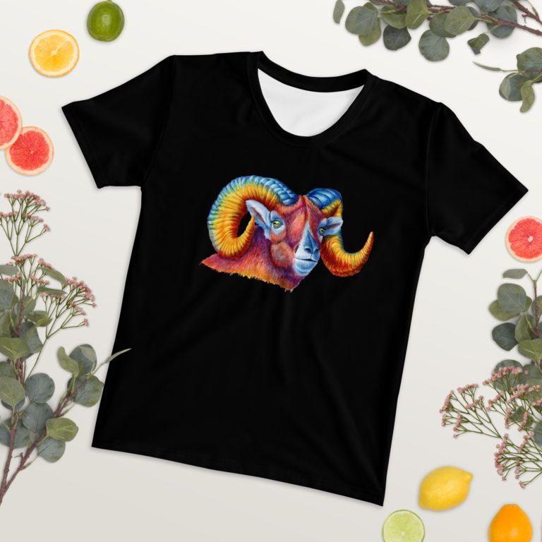 Aries t-shirt for woman: Black tee with colorful print of ram