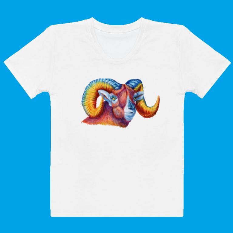 Colorful Aries head printed on white t-shirt for women