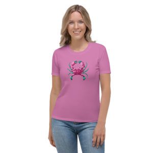 Pink Cancer horoscope t-shirt for women, colorful zodiac sign