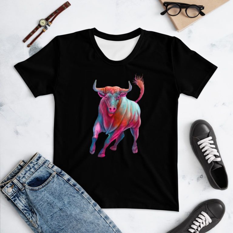 Colorful Taurus, Black T-Shirt for Taurean Women (Horoscope Zodiac Sign Taurus Bull)