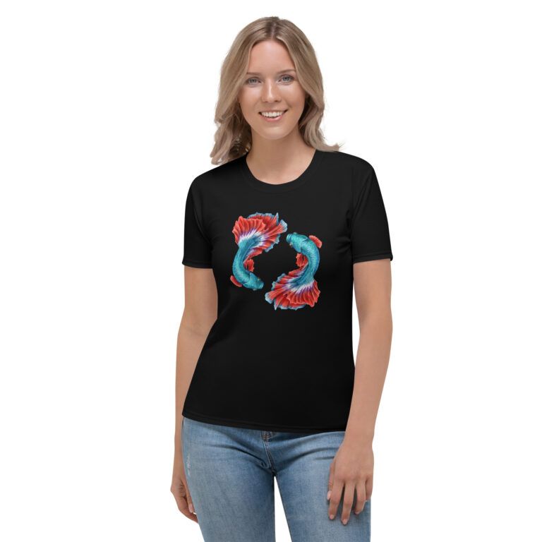 Pisces (zodiac sign) t-shirt for women, black with colorful Betta Siamese Fighting Fish