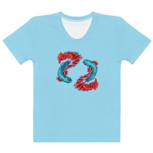 Pisces (zodiac sign) t-shirt for women, light blue with colorful Betta Siamese Fighting Fish