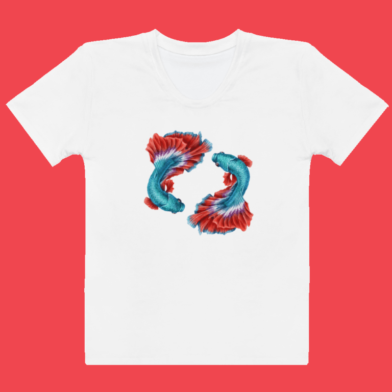 Pisces (zodiac sign) t-shirt for women, white with colorful Betta Siamese Fighting Fish
