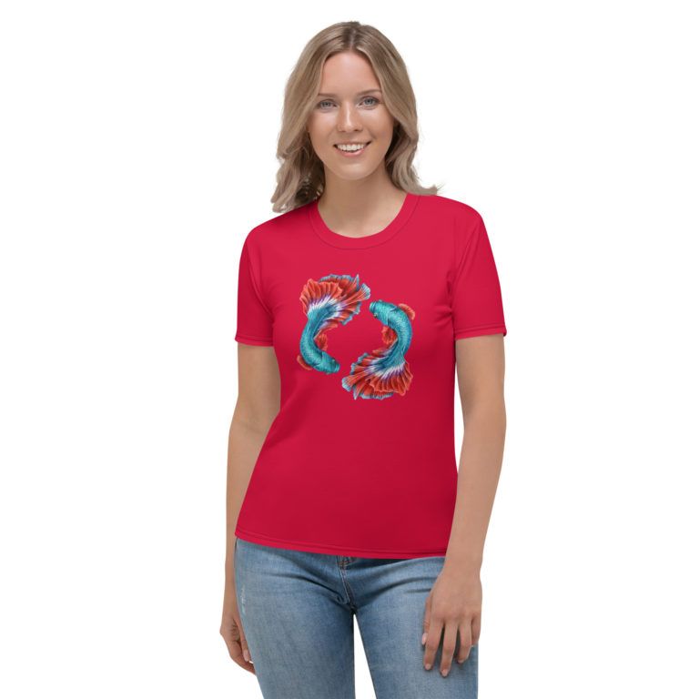 Pisces (zodiac sign) t-shirt for women, red with colorful Betta Siamese Fighting Fish